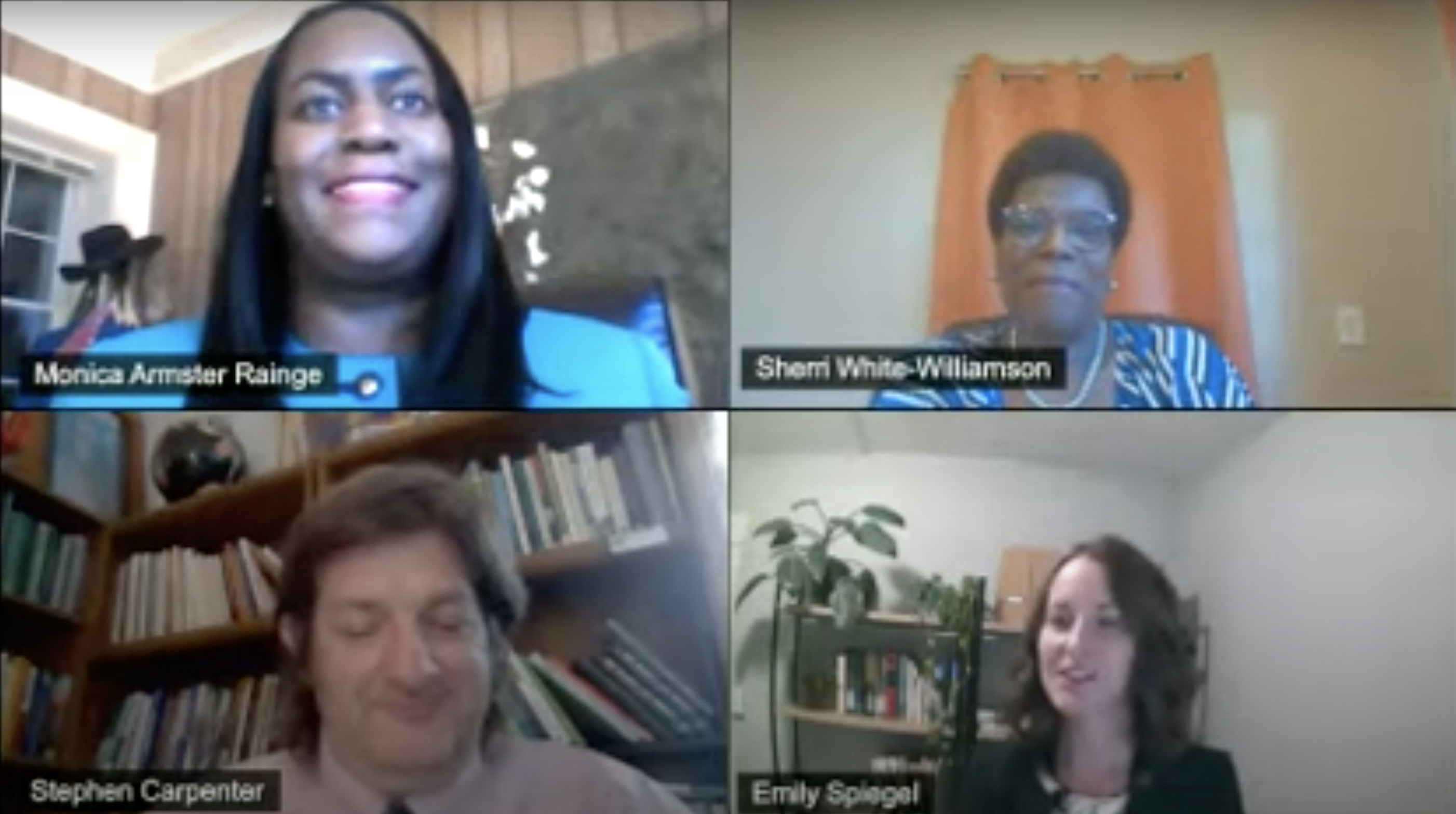 Monica Armster Rainge, Sherri White-Williamson, Stephen Carpenter, and Emily Spiegel on webcams during the panel.