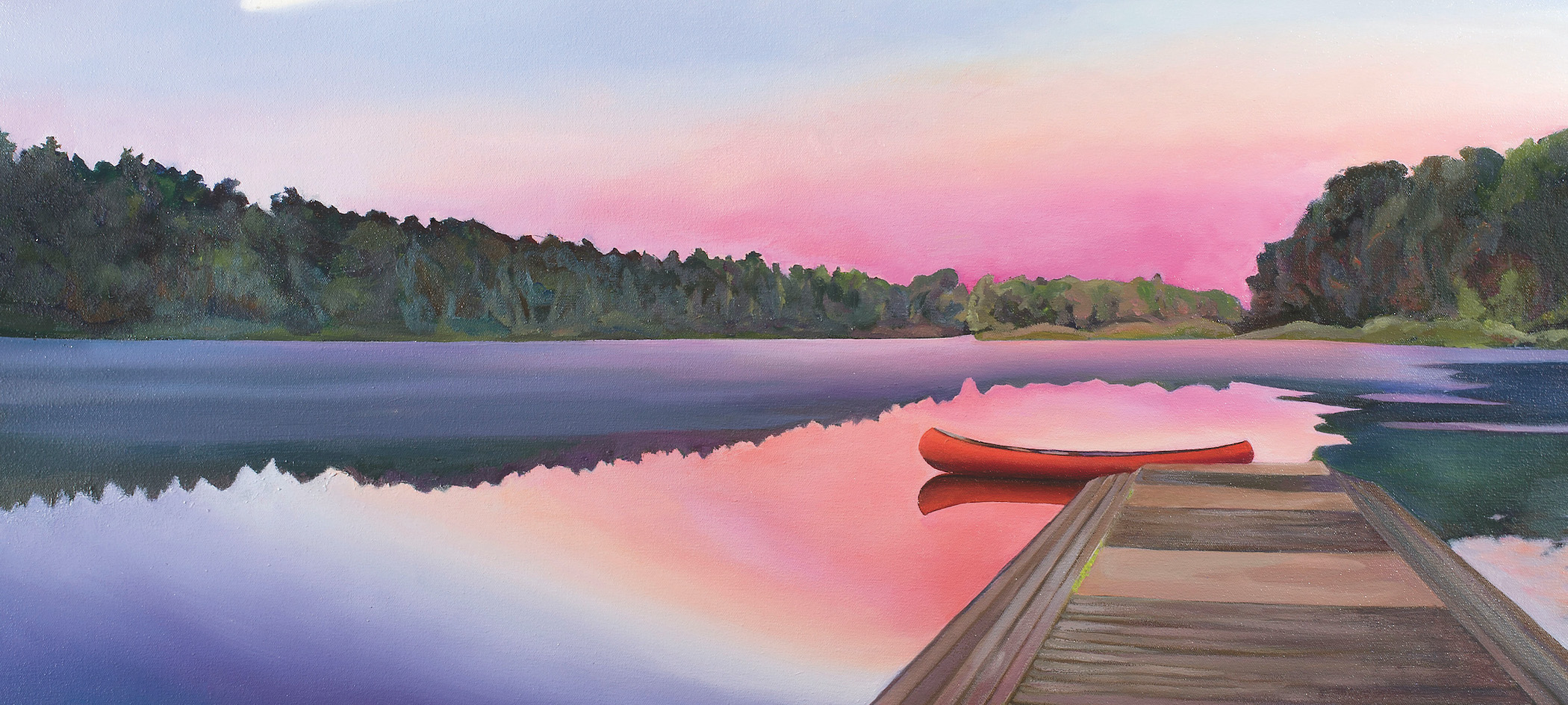 A painting of a canoe in a lake at dusk