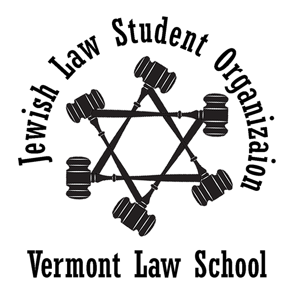 A graphic with gavels arranged in the Star of David log for the Jewish Law Student Organization