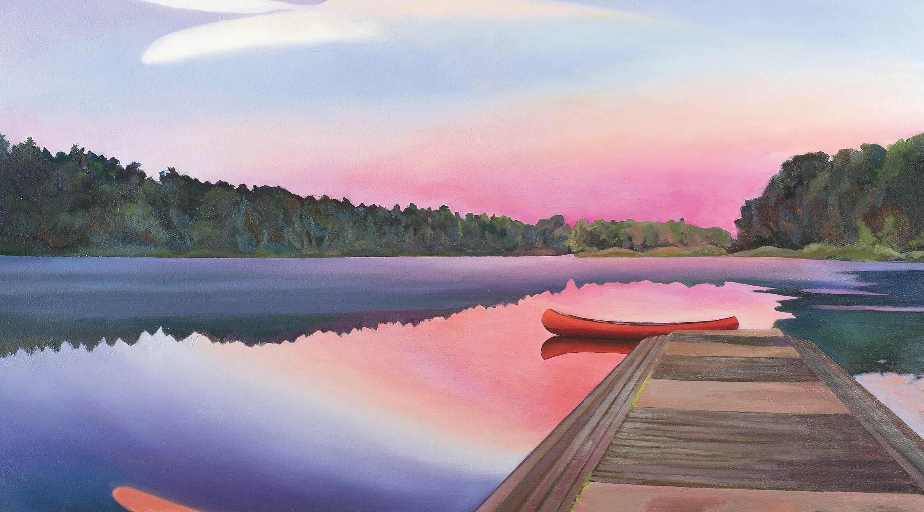 Painting of a canoe at dusk on a lake.