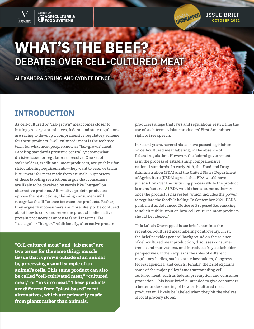 Cover of the Cell Cultured Meat brief