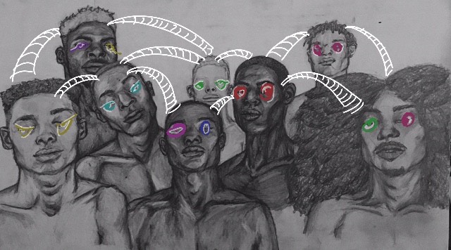 A charcoal drawing of abstract men and women with lines connecting to one another's heads and brightly colored eyes. 