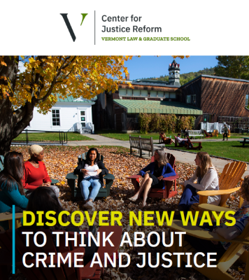 Students sitting in a circle with text: Discover New Ways to Think about Crime and Justice