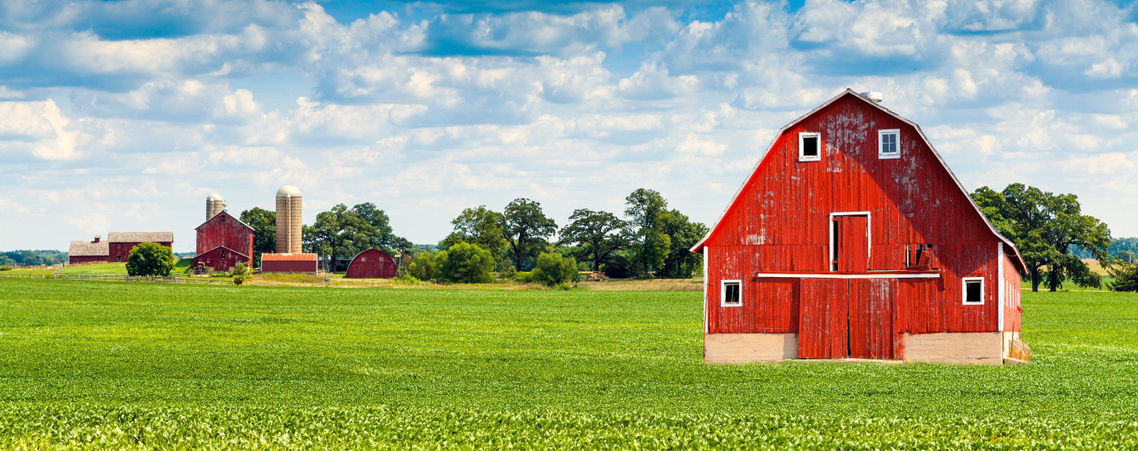 A red barn on a green field.