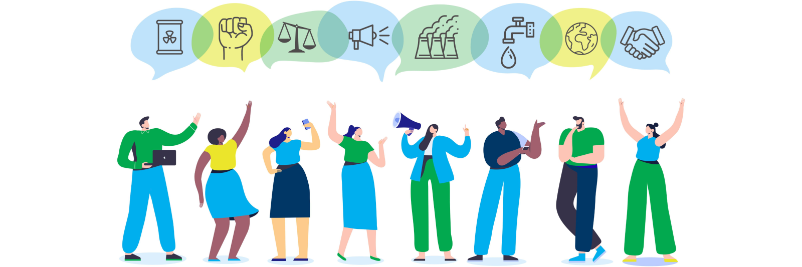 An illustration of eight people each with a speech bubble above their head. Inside the speech bubbles are icons representing the work of the environmental justice clinic: a can of toxic materials, a fist, a scale, a megaphone, a smokestack, a faucet with water coming out, a globe, and a handshake. 
