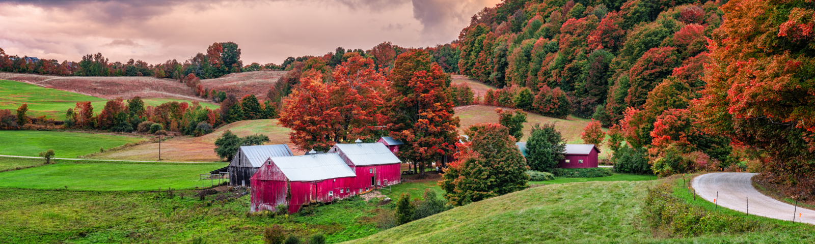A rural scene in Vermont. A farm and a red barn in autumn.