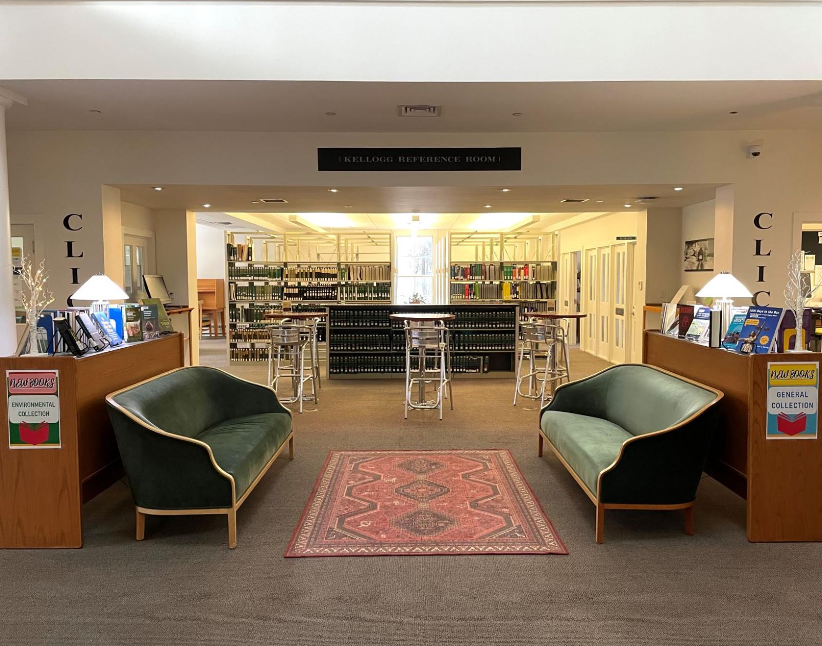 the library lobby provides comfortable seating and new book displays