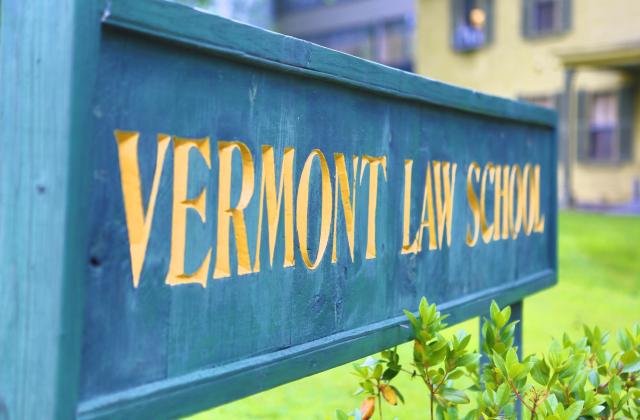Vermont Law School sign in front of Waterman building on campus