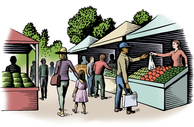 Illustration of shoppers at a farmers market.