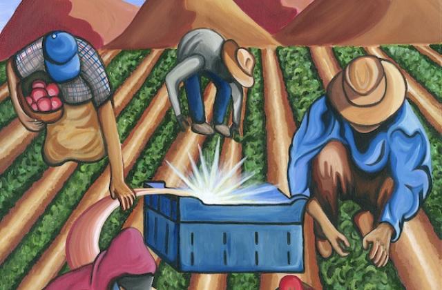 A painting of farmworkers in a field