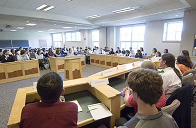 Students in a court classroom at Vermont law School