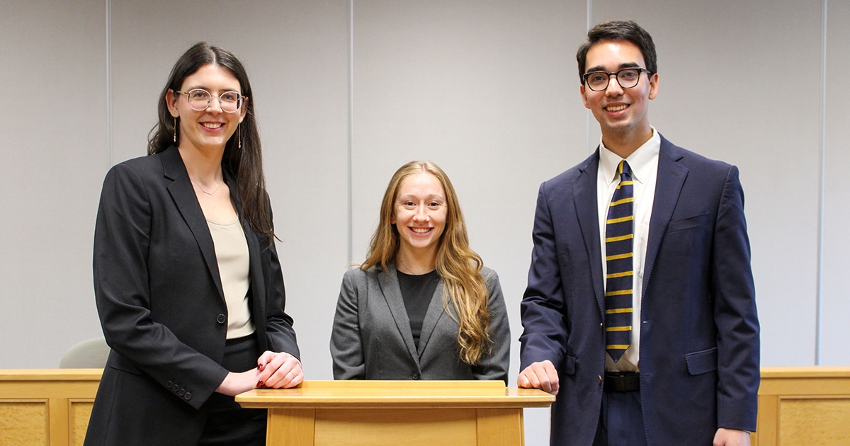 Allyson Cohen JD’25, Nicholas Glover JD’25, and Elizabeth Hein JD’25 at the National Moot Court Competition.