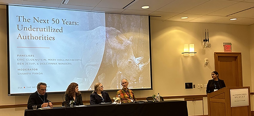 VLGS professor and director of the Animal Law and Policy Institute Delcianna Winders presents a panel titled "The Next 50 Years: Underutilized Authority."