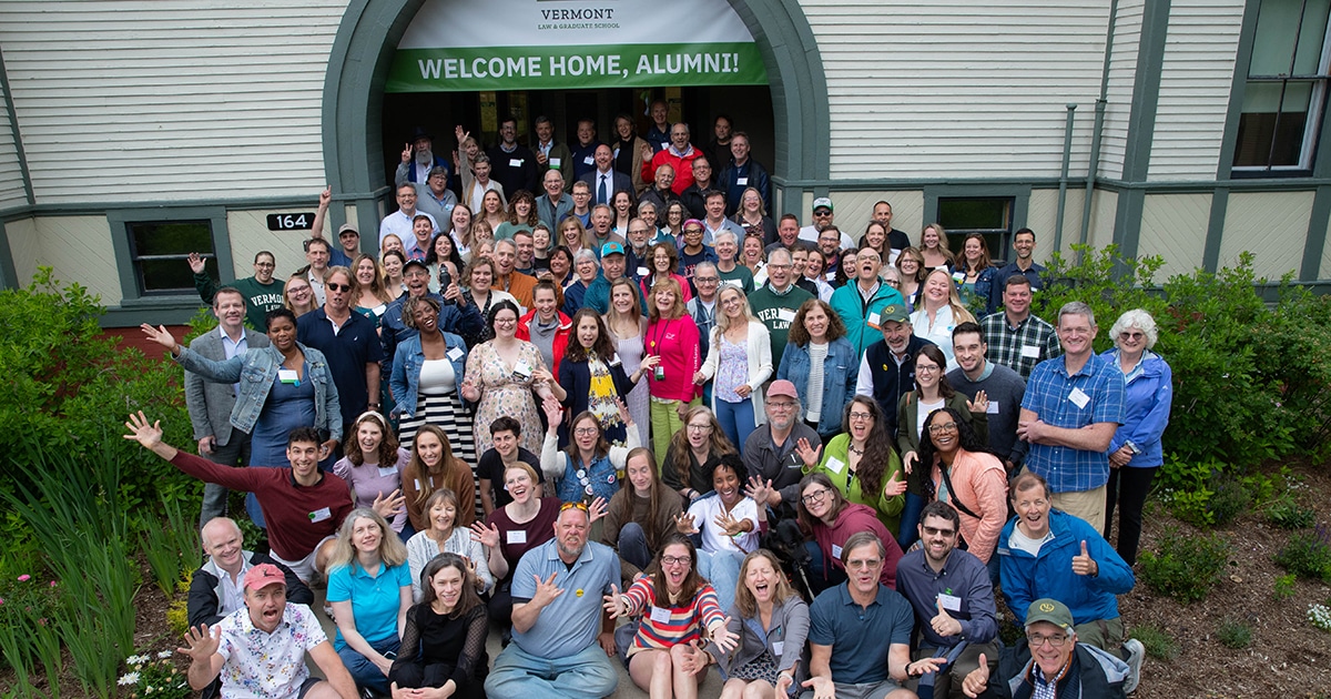 Group photo from Alumni Weekend 2024 featuring Vermont Law and Graduate School alumni.