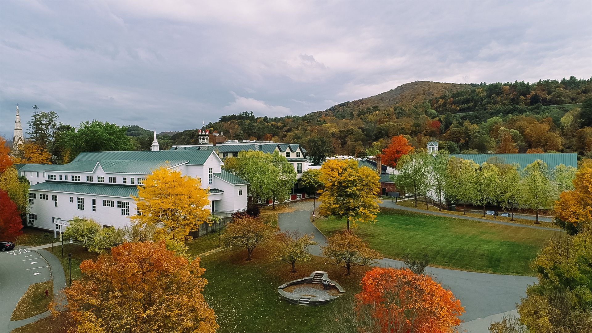 Aerial view of VLGS campus with fall foliage.