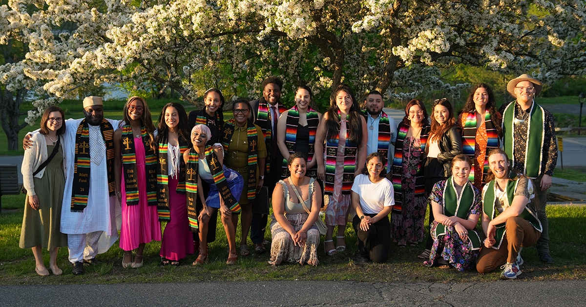 Members of the Asian Pacific American Law Students Association (APALSA), Latin American Law Students Association (LALSA), Black Law Students Association (BLSA), and Native American Law Students Association (NALSA) pose at Commencement 2024's Cultural Celebration.