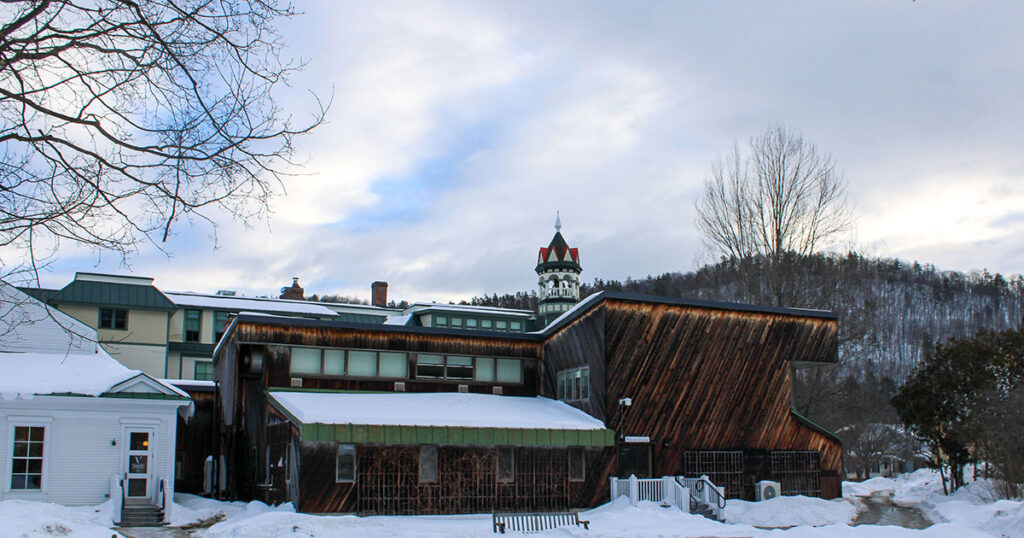 Snowy view of campus from the library quad