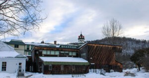 Snowy view of campus from the library quad