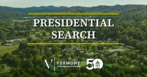 Aerial view of VLGS campus with text overlay that reads "Presidential Search" and features the VLGS logo