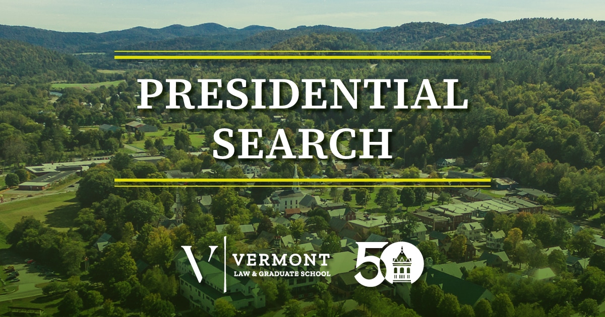 Aerial view of VLGS campus with text overlay that reads "Presidential Search" and features the VLGS logo